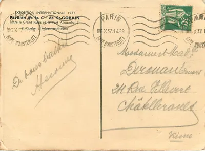 Nowoczesna pocztówka Wyświetlenie międzynarodowe 1937, pawilon firmy Cie de St Gobain między Wielkim Pałacem a mostem Alexandre III — Rewers