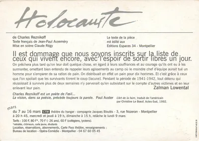 Holocauste — utwór Charlesa Reznikoffa — Teatr Trzech Wiatrów, Montpellier — Rewers