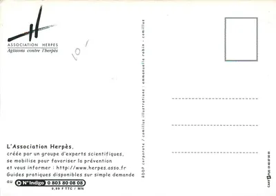 Herpes, vamos falar sobre isso — publicidade da Associação Herpès — editor Indigo, n° 0803 80 08 08 — Verso