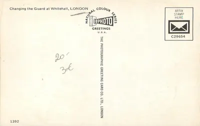 Zmiana straży na Whitehall, LONDON — seria Natural Colour — The Photographic Greeting Card Co. Ltd., London, nr 1392 — Rewers