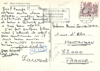 Stacja Montana, Walis — w tle Weisshorn i Zinalrothorn — Wydawnictwo Martelly nr 12617 — Rewers