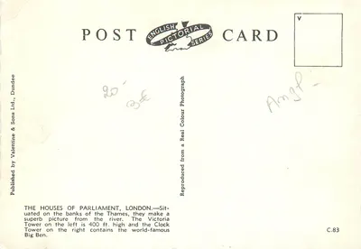 Le Stanze del Parlamento, Londra — Torre Victoria e Big Ben — Valentine & Sons Ltd., Dundee, serie English Pictorial — Verso