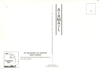 Marigot, St. Martin, F.W.I. — widok panoramiczny z fortecy — wydawca Lord & Hunter, n° 104 — Rewers