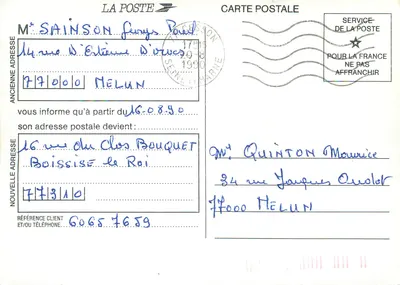 Mudei de endereço — cartão postal da La Poste — serviço da Poste — Verso