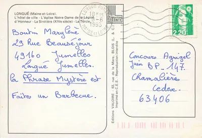 Longué (Maine-et-Loire) — Hôtel de ville, katedra Notre-Dame, zamek i jezioro — Wydawnictwo Valoire — Rewers