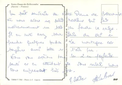 Notre-Dame de Bellecombe — widok nocny z śniegiem — J.-C. Ligeop — Rewers