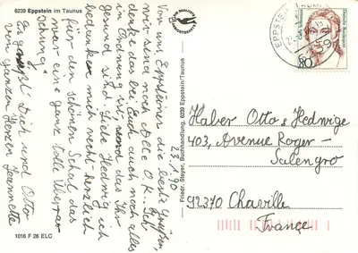Eppstein im Taunus — widok panoramiczny z kościołem i zamekiem — wydawca Friedrich Steyer, n° 1016 F 26 ELC — Rewers