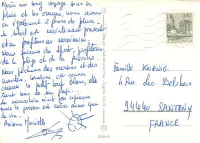 Rovinj — widok panoramiczny, plaża, hotel i miasto w zachodzie słońca — wydawca Zadržužna štampač, Zagreb — Rewers