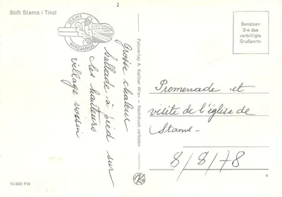 Zamek Stams — tła z górami — Stift Stams / Tyrol, nr 10.600 FW — Rewers