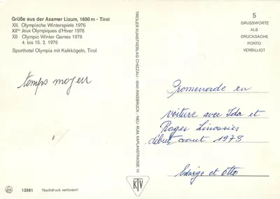 Axamer Lizum — XIIes Jeux Olympiques d'Hiver 1976 — Sporthotel Olympia — Troller Kunstverlag Chizzau — Verso