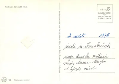 Innsbruck, Catedral de São Jacó — vista interior barroca — editor Viktor Holy und Sohn, n° 185 — Verso