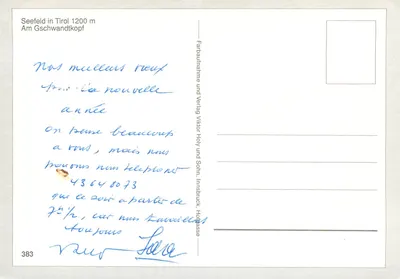 Seefeld em Tirol — No Gschwandtkopf — Fotografia colorida e editora Viktor Holy und Sohn, Innsbruck, n° 383 — Verso