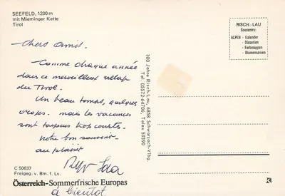 SEEFFELD, 1200 m — com a cadeia dos Mieminger — editor RISCH-LAU, n° C 50637 — Verso