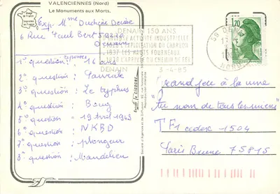 Monumentos aos Mortos — Valenciennes (Nord) — Editor Cigoone — Verso