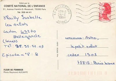 Kwitki jabłoni — wydane przez KOMITÉ NATIONAL DE L'ENFANCE, fot. Raymond Aucante — Rewers
