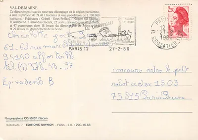 Val-de-Marne — cartão postal turístico com mapa do departamento — Impressions COMBIER Macon — Verso