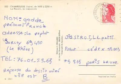 Chamrousse (Isère) — Le Recoin, ao entardecer — Éditions J. Cellard, n°003 — Verso