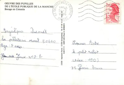 Bocage nel Cotentin — paesaggio rurale con vacche e ciliegi in fiore — Stampa Pieran — Verso