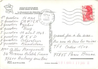Monument dos Deportados — Aulnay-sous-Bois — Éditions ABEILLE-CARTES — Verso