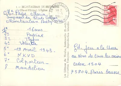 Kościół w Montauban-de-Bretagne — widok fasady z wieżą — Wydawnictwo Moulin, Sartrouville — Rewers