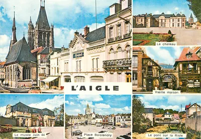 L'AIGLE — Vista panorâmica com museu Junho 44, castelo, velha casa, ponte sobre a Risle — Editor ARTAUD Frères