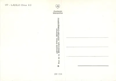 Laigle — Ogólny widok, katedra św. Martyna, dawne mieszkanie Marie Stuart, most nad Risle, zamek i katedra — Artaud Frères, Nantes — Rewers