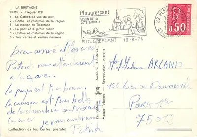 Tréguier — vista nocturna, trajes regionales, puente, casas tradicionales — Les Éditions Audierne, n° 23.315 — Reverso