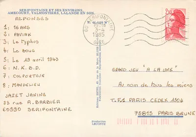 Bilhete postal moderno Serifontaine e seus Arredores — Verso