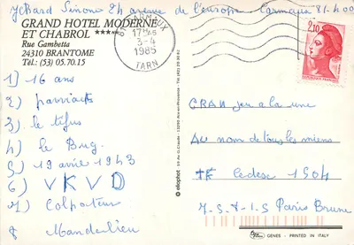 Restauracja Les Frères Charbonnel — widok z stołu i budynku nad kanałem — wydawca Eliophot — Rewers