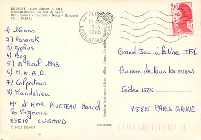 Bilhete postal moderno Hotel e Restaurante de Val de Sebre em Boussay — Verso