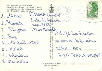 Ogród Botaniczny 'Le Thabor' — Rennes (Ille-et-Vilaine) — Pierre Artaud & Cie - wydawcy — Rewers