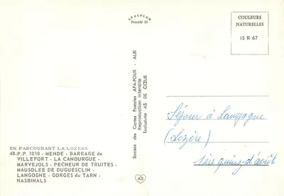 Lozère Touristique — panoramic view, dam, gorges, waterfall, monument, village — APA-POUX Postcard Society, Albi — Back