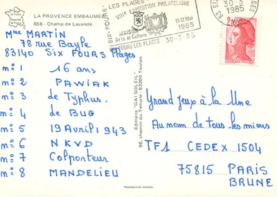 Campo de lavanda — Igreja e obélisco — Edições 'GAI SOLEIL', Six-Fours-les-Plages — Verso