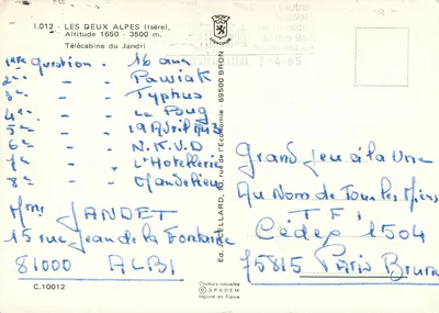 Les Deux Alpes (Isère) — Teleférico do Jandri — Ed. SPADÈM n° C.10012 — Verso