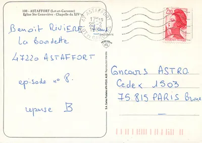 Astaffort — Igreja de Santa Geneviève — S.A. Cartões Postais APA-POUX — Verso