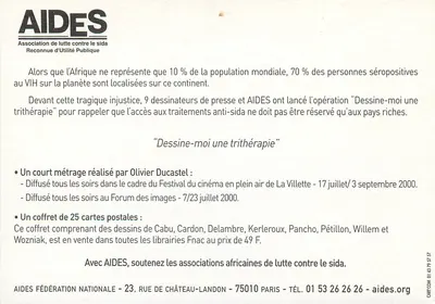 Ouriço-do-mar pedindo uma trithérapia — desenho de Wozniak — Associação AIDES — Verso