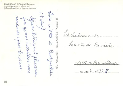 Bawarskie królewskie zamek — Neuschwanstein, Linderhof, Hohenschwangau, Herrenchiemsee — wydawca J. Härtl, n° 500 — Rewers