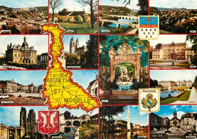 Meurthe-et-Moselle — Tarjeta postal panorámica con mapa geográfico y lugares — Edición 50, Imprenta Sarreguemines