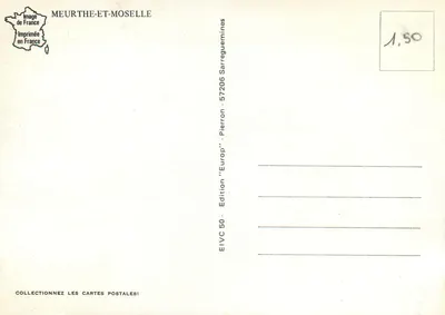Meurthe-et-Moselle — Tarjeta postal panorámica con mapa geográfico y lugares — Edición 50, Imprenta Sarreguemines — Reverso