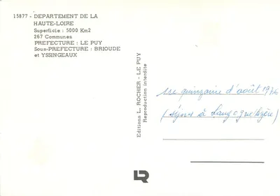 Haute-Loire — Carta postal turística — Éditions L. Rocher, Le Puy — Verso