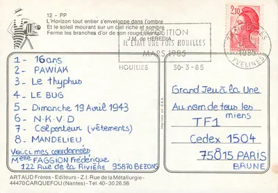 Zachód słońca nad jeziorem — widok ramowany sosnami — wydawca ARTAUD Frères, N°12-PP — Rewers