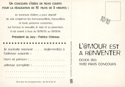 O @mour precisa ser reinventado — Concurso de ideias de filmes curtos — Lesbian & Gay Pride Films, Sida Info Service, Gai Pied — Verso