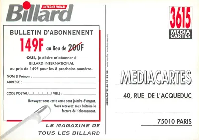 Billard International — Bulletin abonnements — MédiaCartes — Rewers