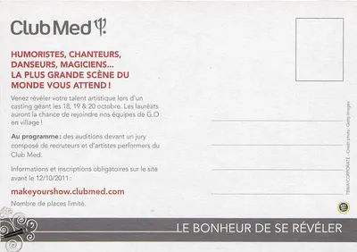 Casting Club Med — Faça Seu Show! — Club Med — Verso