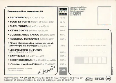 Café de la Danse — Programmation novembre 1995 — éditeur Phil — Rewers