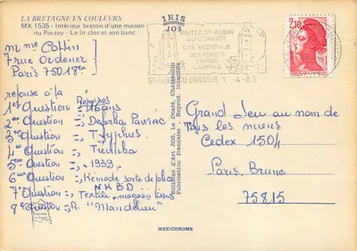 Interior breton de uma casa do Porzay — O leito fechado e seu banco — Edições de Arte JOS — Verso