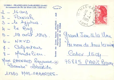 Cume do Pic de Nore — 1210 m — Sociedade das Cartas Postais APA-POUX — Verso