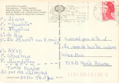 Ile-d'Yeu (Vendée) — Vista aérea da baía do Marais, ponta do Porteau, ponta da Concha — Impressor Combier, n° 85.113 — Verso