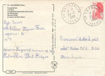 Sancerre — ogólne widok, jaskinia, zbieranie winogron, krowie, most nad Saint-Satur — wydawca Cosmic, nr 10045 — Rewers