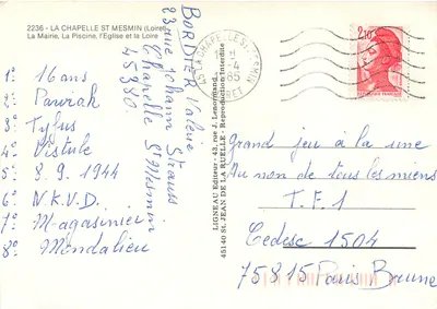 La Chapelle-St-Mesmin — vista della municipale, della piscina e della chiesa — Editore J. Lenormand, n° 2236 — Verso